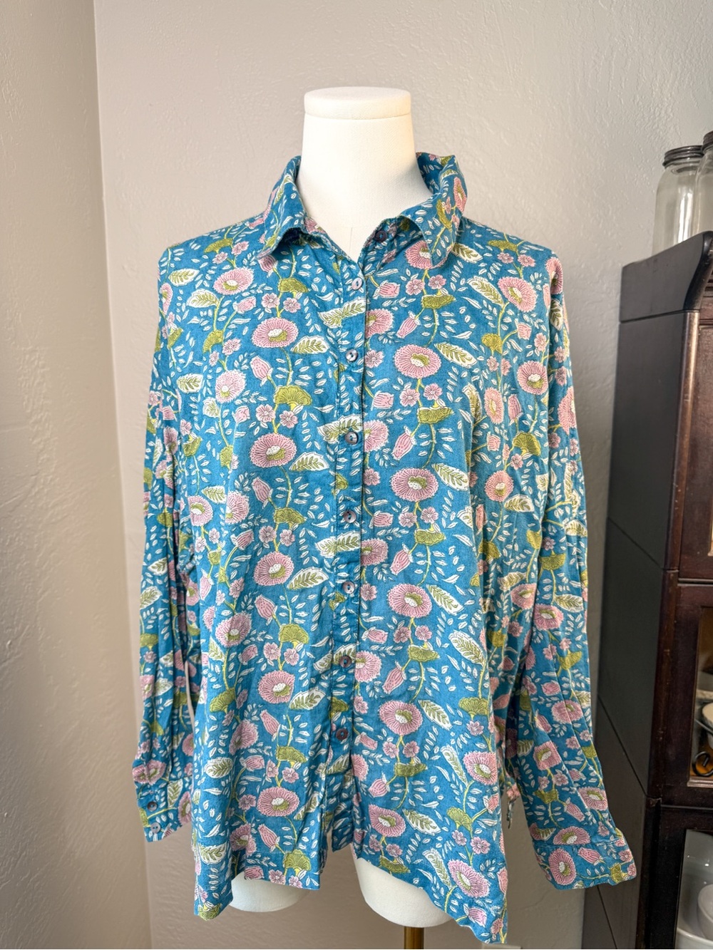 Natural Life Blue Floral Button Down Shirt Boho Cotton Size L